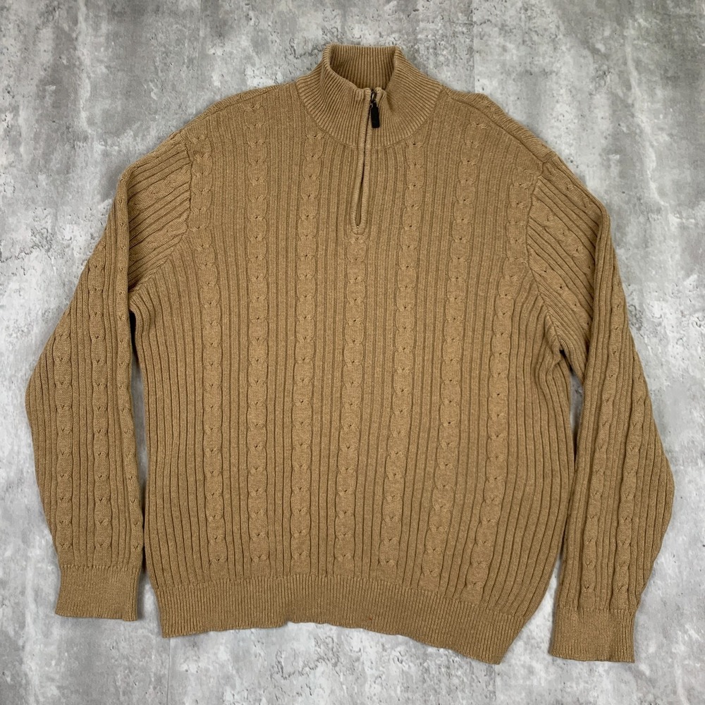 Eddie‎ Bauer 1/4 Zip Sweater Mens Large Brown Pullover Casual Cable Knitwear